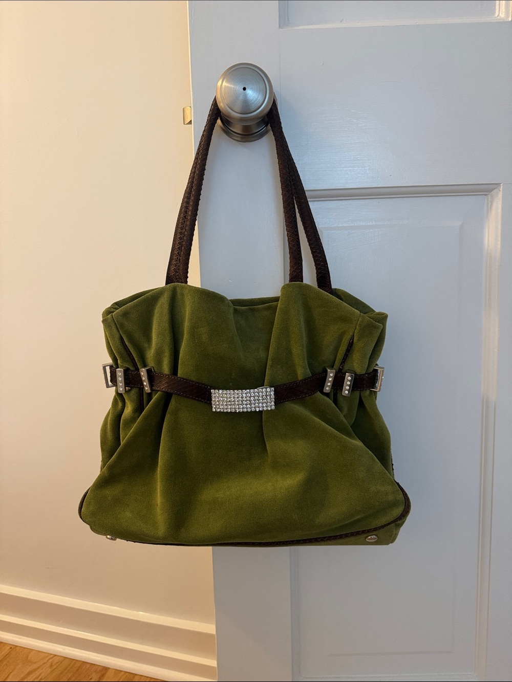 Green Suede Shoulder Bag with Crystal Buckle